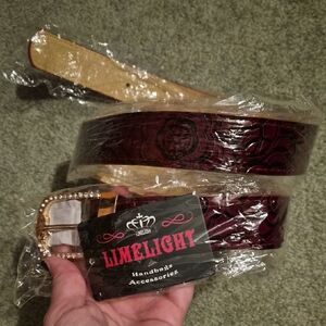 Limelight Burgundy Floral Embossed Belt with Rhinestone Gold Buckle